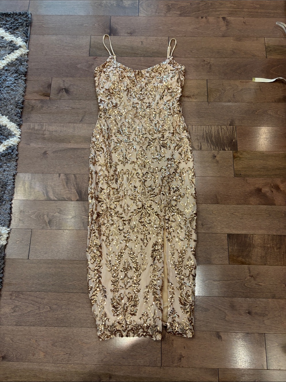 Windsor Beaded Nude Slip Dress with Gold Sequin Embellishment